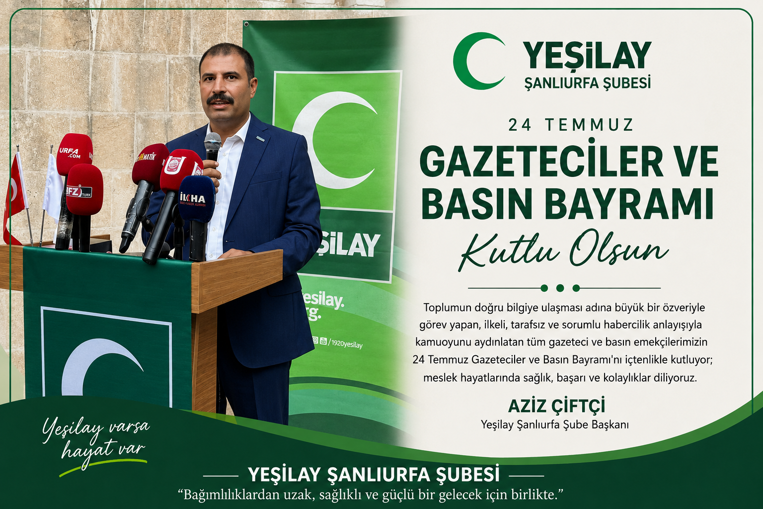 Yeşilay Şanlıurfa'dan 24 Temmuz Gazeteciler ve Basın Bayramı Mesajı