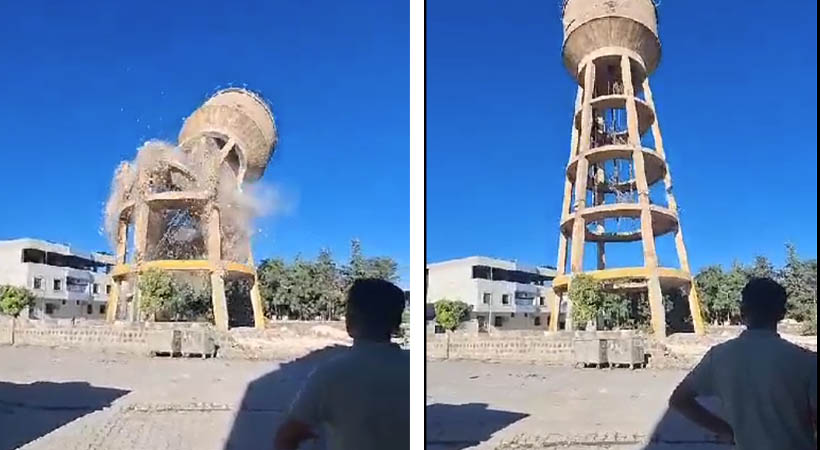 Viranşehir'de depremde hasar gören su kulesi kontrollü yıkıldı;