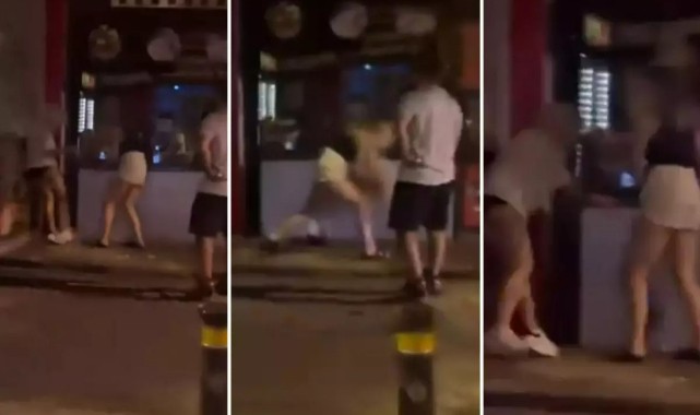 GÖRÜNTÜ TÜRKİYE'DEN! İKİ  KADIN SOKAK ORTASINDA ERKEK KAVGASINA TUTUŞTU.